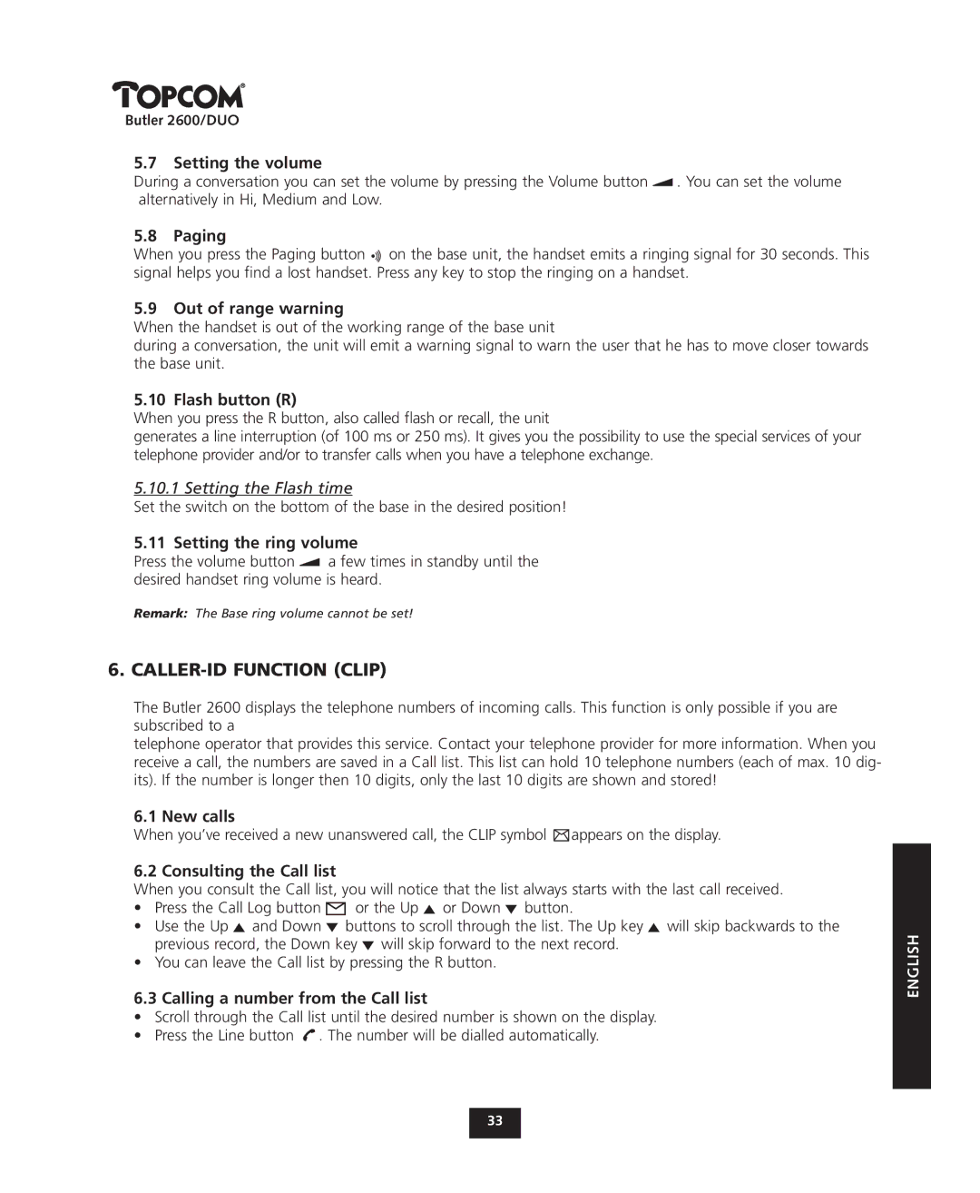 Topcom 2600 DUO manual CALLER-ID Function Clip 