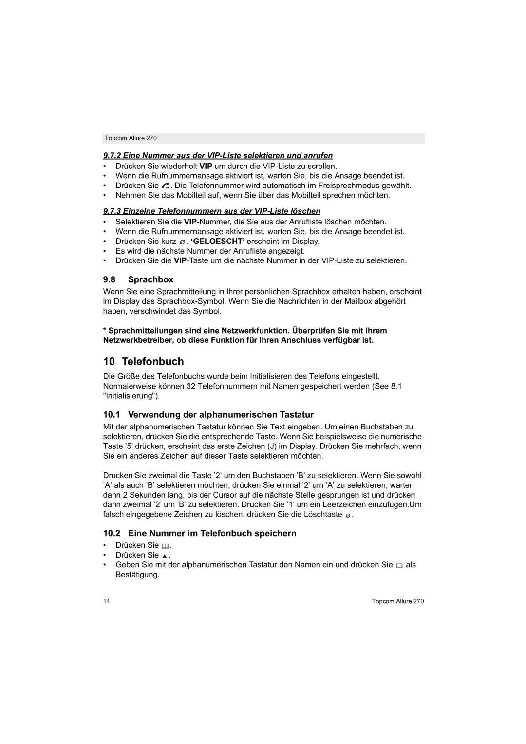 Topcom 270 manual Sprachbox, Verwendung der alphanumerischen Tastatur, Eine Nummer im Telefonbuch speichern 