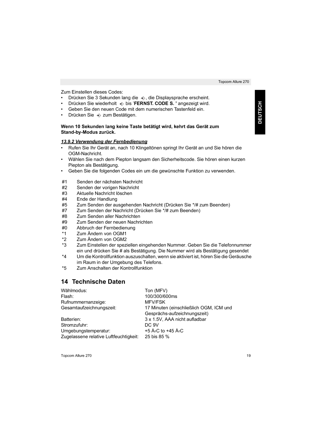 Topcom 270 manual Technische Daten, Verwendung der Fernbedienung 