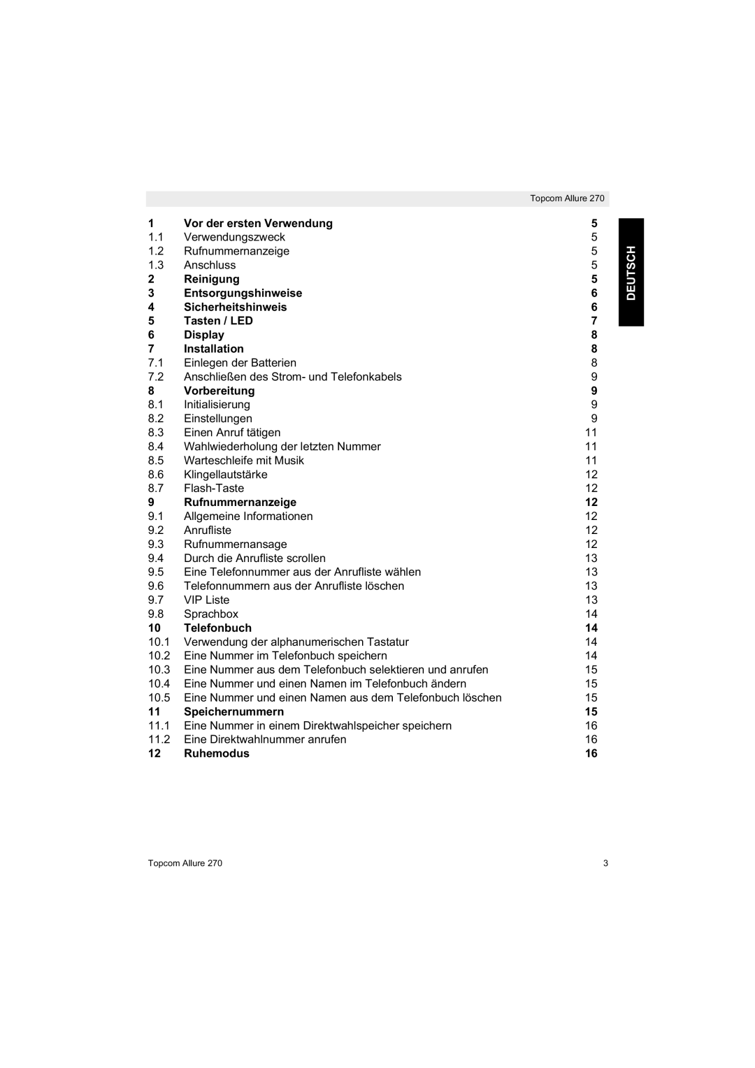 Topcom 270 manual Vor der ersten Verwendung, Vorbereitung, Rufnummernanzeige, Telefonbuch, Speichernummern, Ruhemodus 