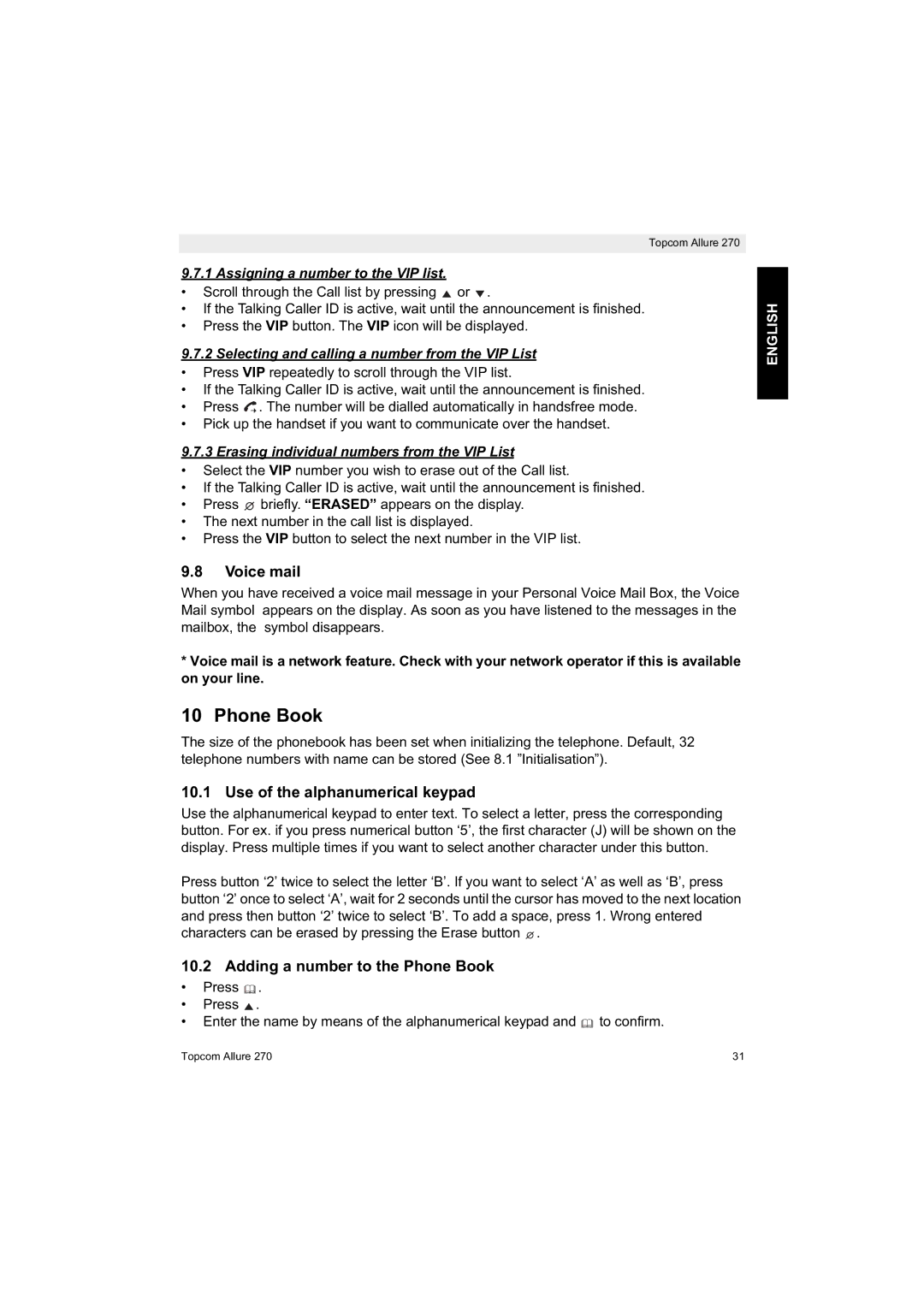 Topcom 270 manual Voice mail, Use of the alphanumerical keypad, Adding a number to the Phone Book 