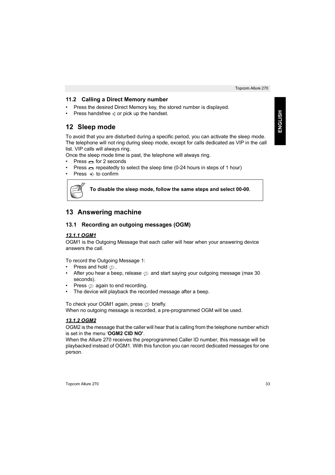 Topcom 270 manual Sleep mode, Answering machine, Calling a Direct Memory number, Recording an outgoing messages OGM 