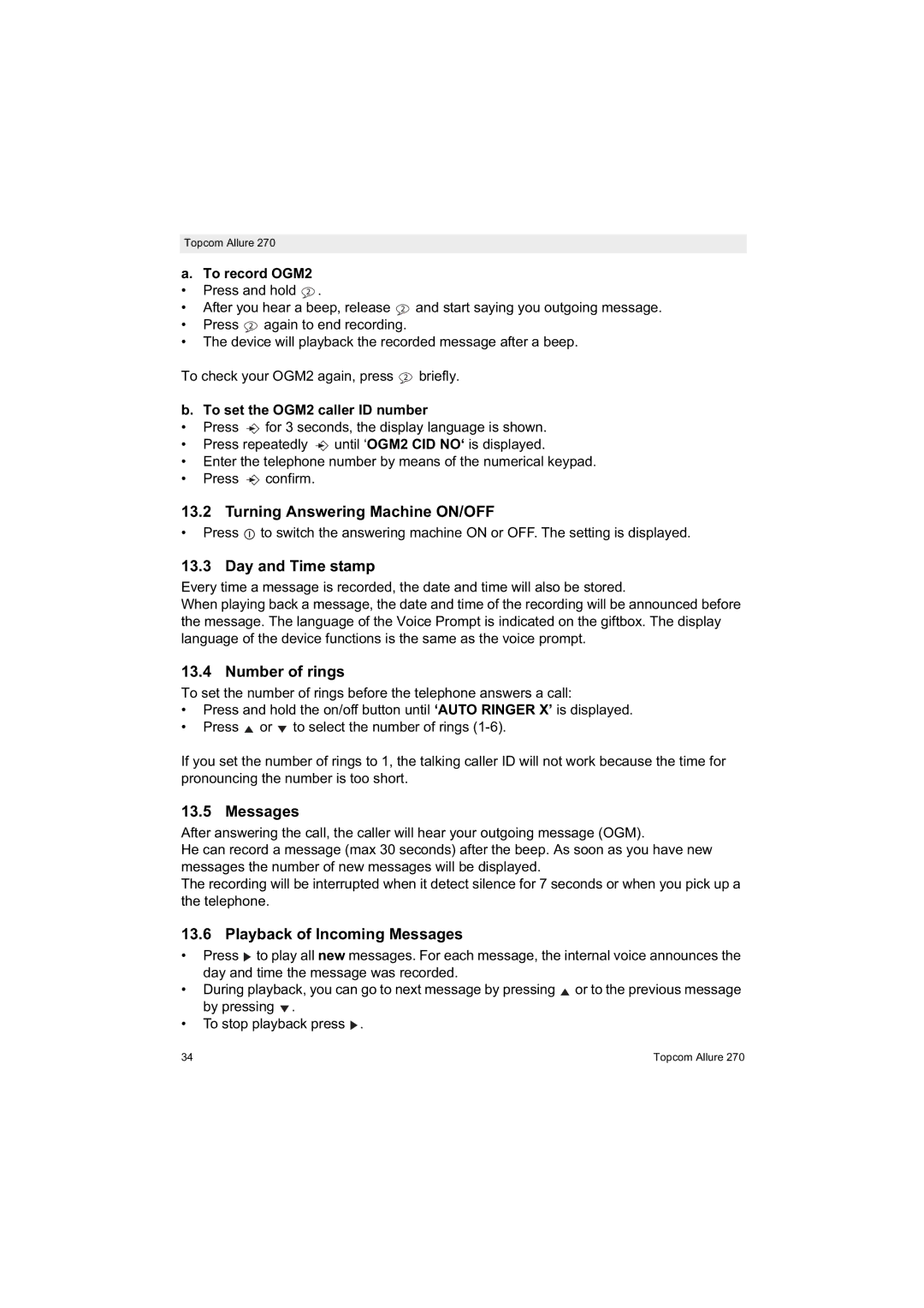 Topcom 270 manual Turning Answering Machine ON/OFF, Day and Time stamp, Number of rings, Playback of Incoming Messages 