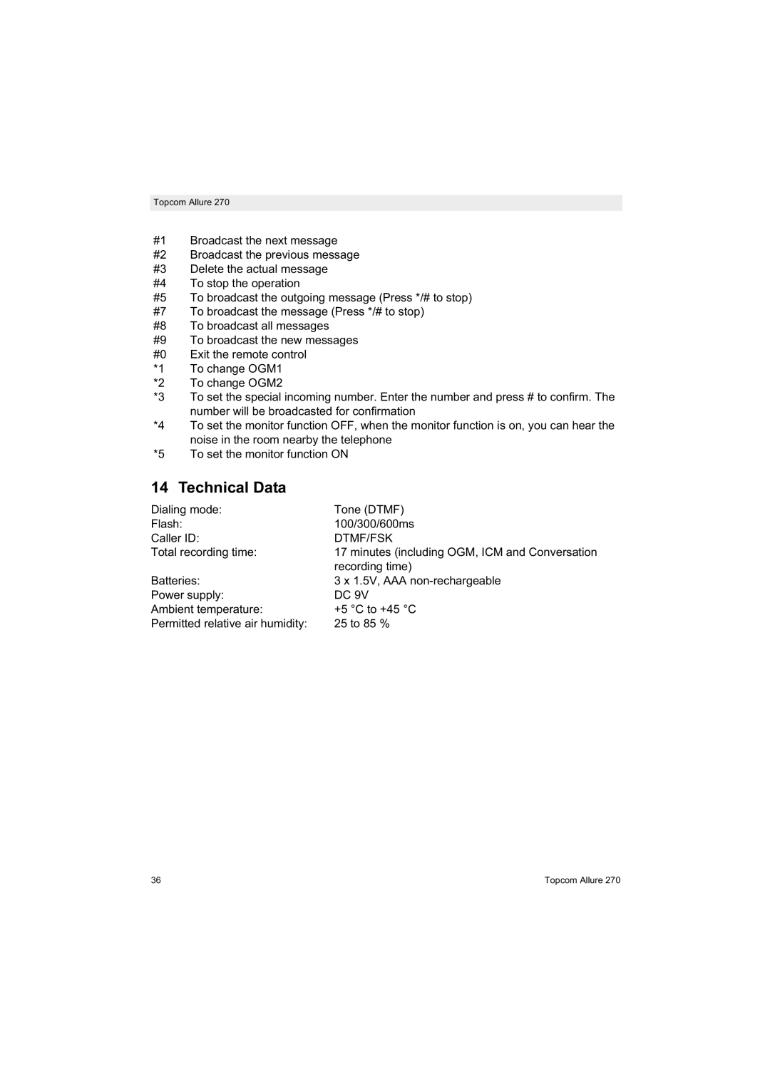 Topcom 270 manual Technical Data, Dtmf/Fsk 