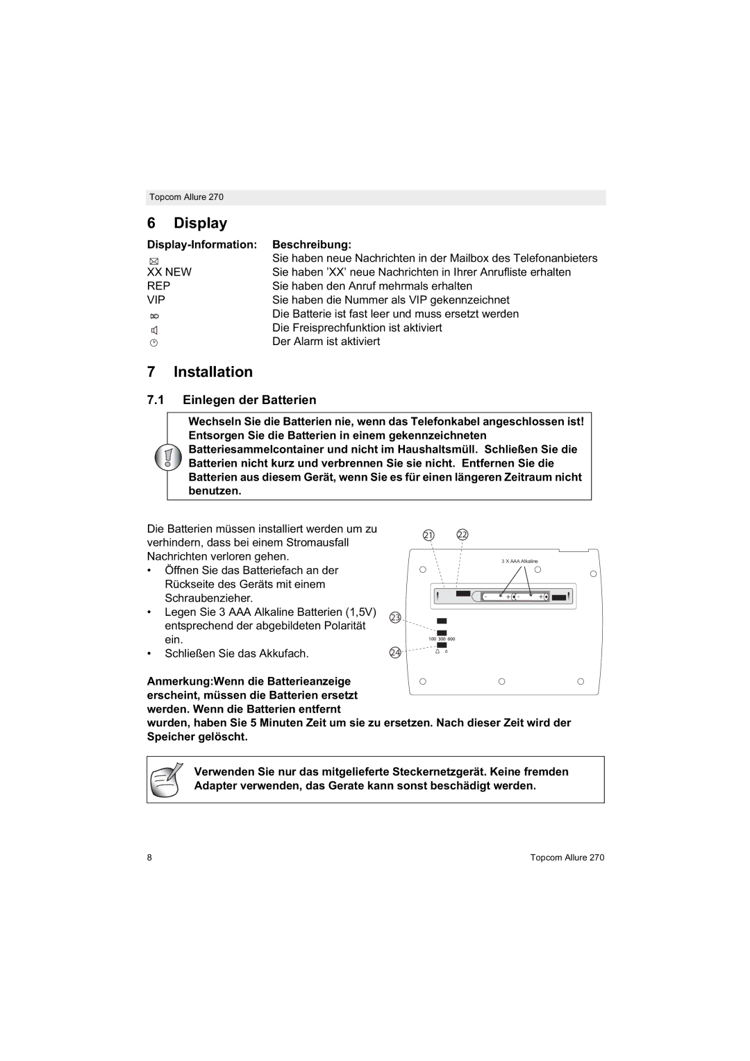 Topcom 270 manual Installation, Einlegen der Batterien, Display-Information Beschreibung 