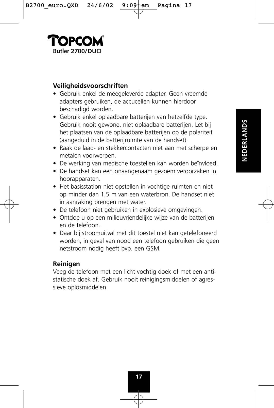 Topcom 2700 DUO manual Butler 2700/DUO Veiligheidsvoorschriften, Reinigen 