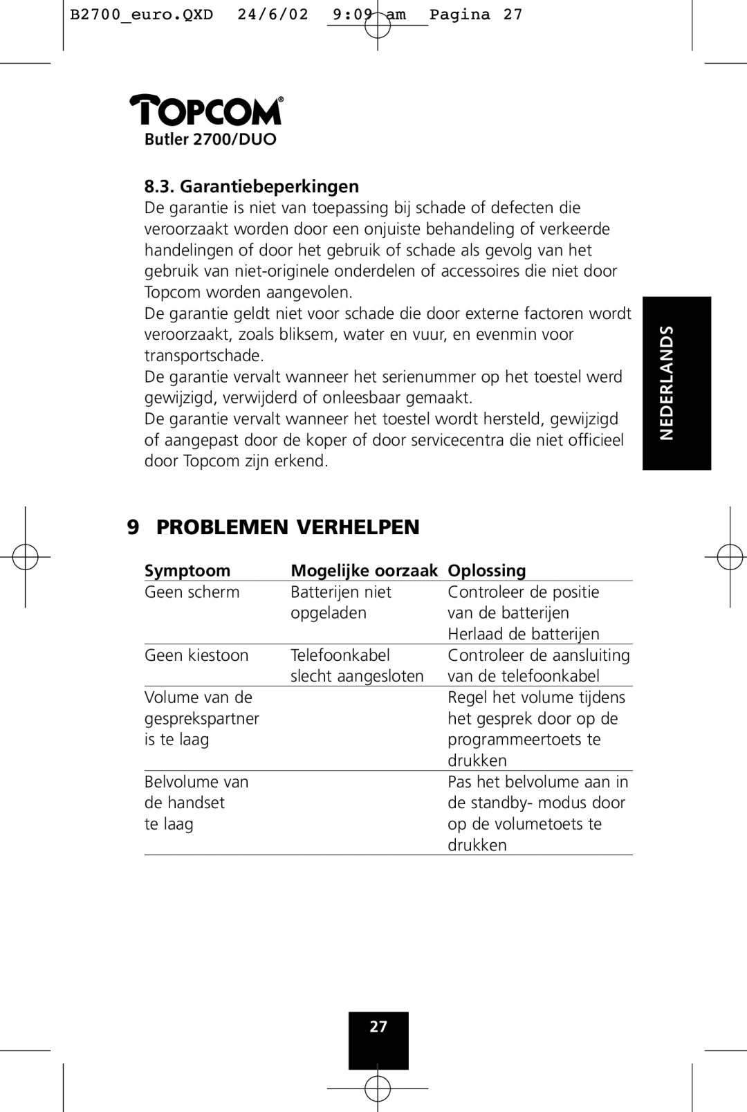 Topcom 2700 DUO manual Problemen Verhelpen, Butler 2700/DUO Garantiebeperkingen, Symptoom, Oplossing 