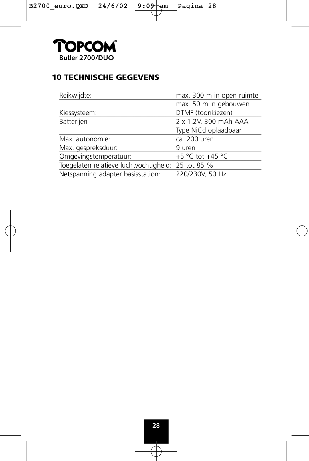 Topcom 2700 DUO manual Technische Gegevens 