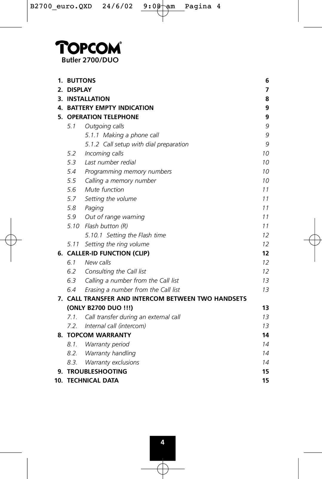 Topcom 2700 DUO manual Butler 2700/DUO, CALLER-ID Function Clip 