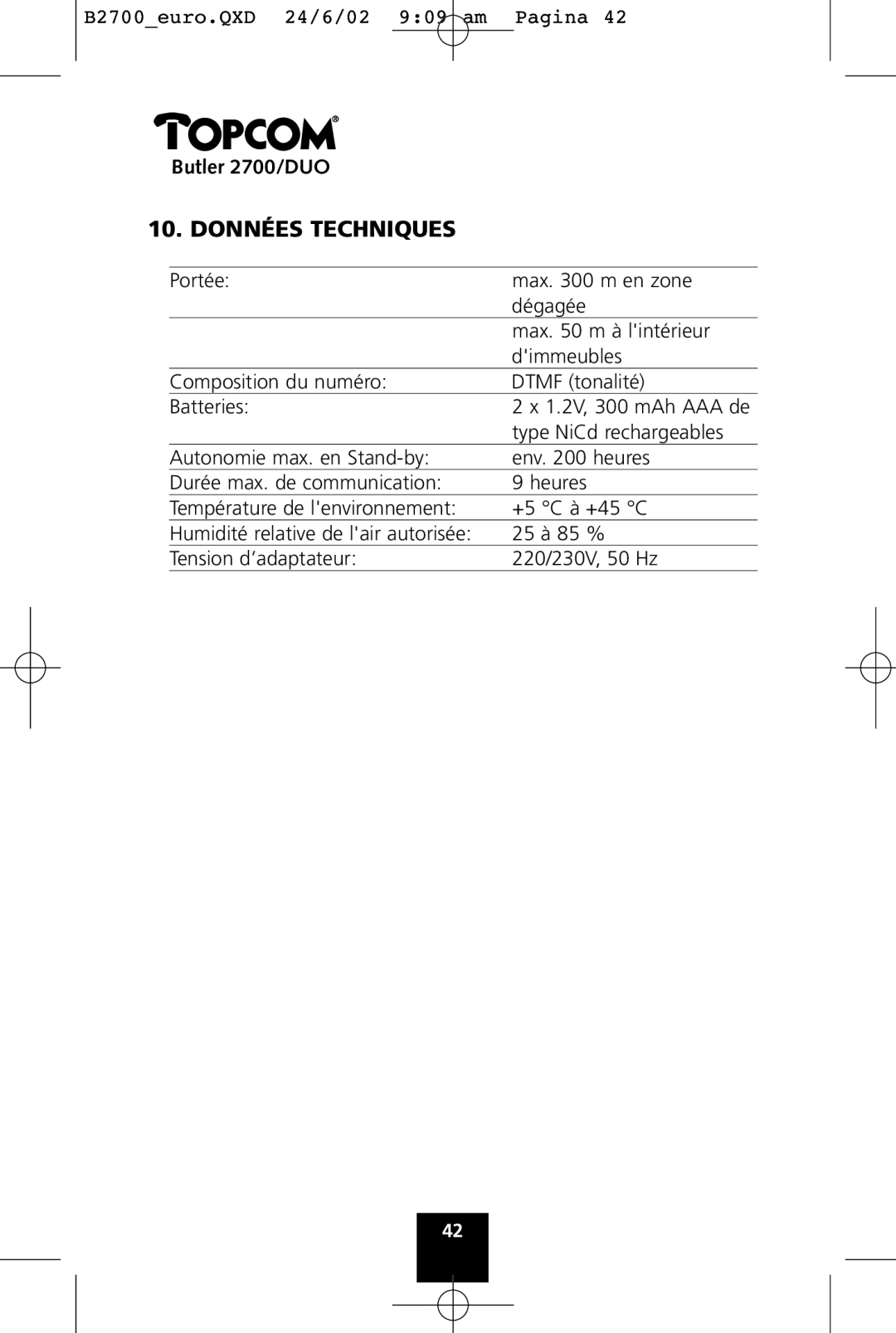 Topcom 2700 DUO manual Données Techniques 