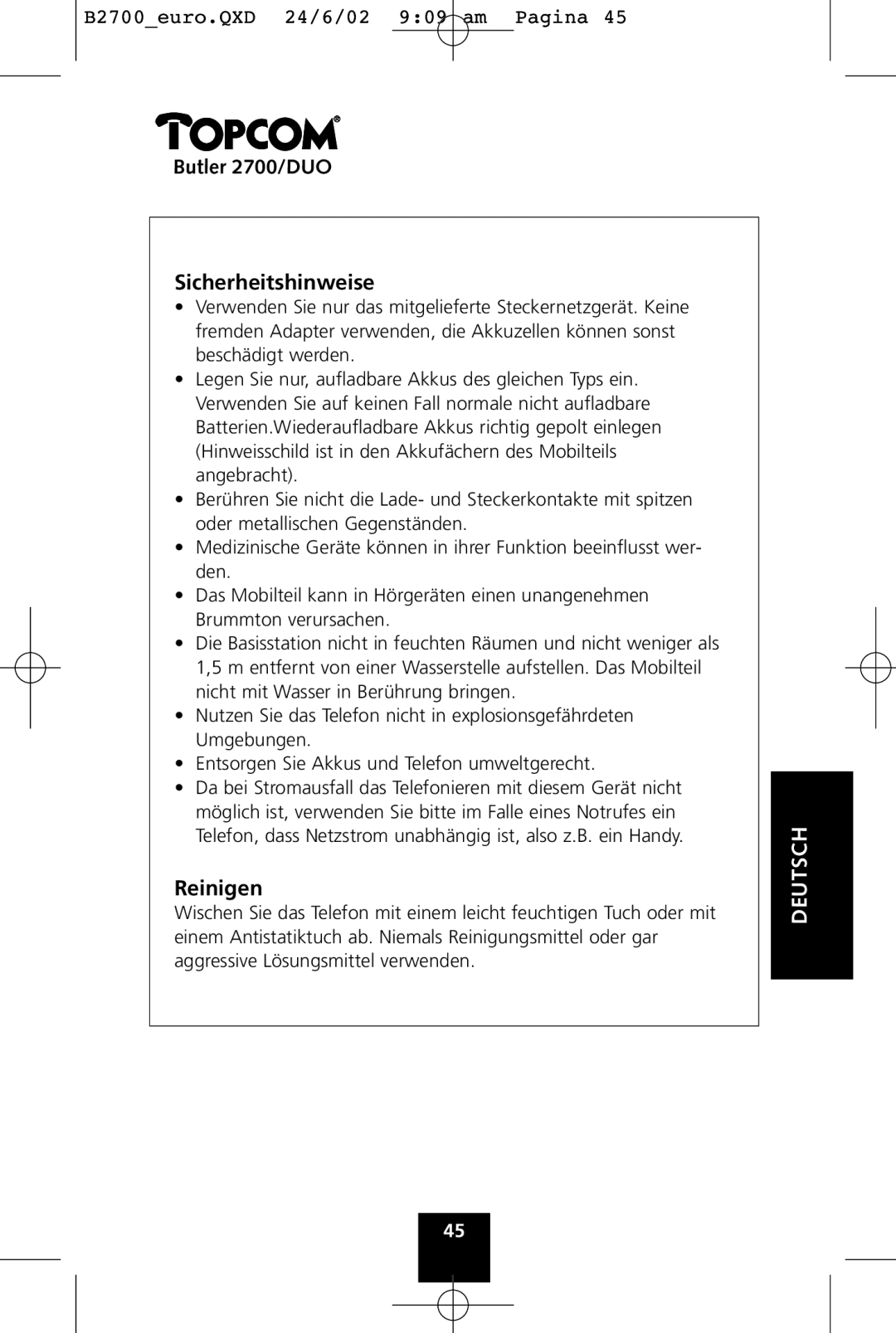 Topcom 2700 DUO manual Butler 2700/DUO Sicherheitshinweise, Reinigen 