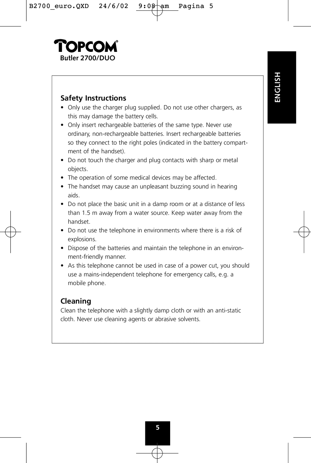 Topcom 2700 DUO manual Butler 2700/DUO Safety Instructions, Cleaning 