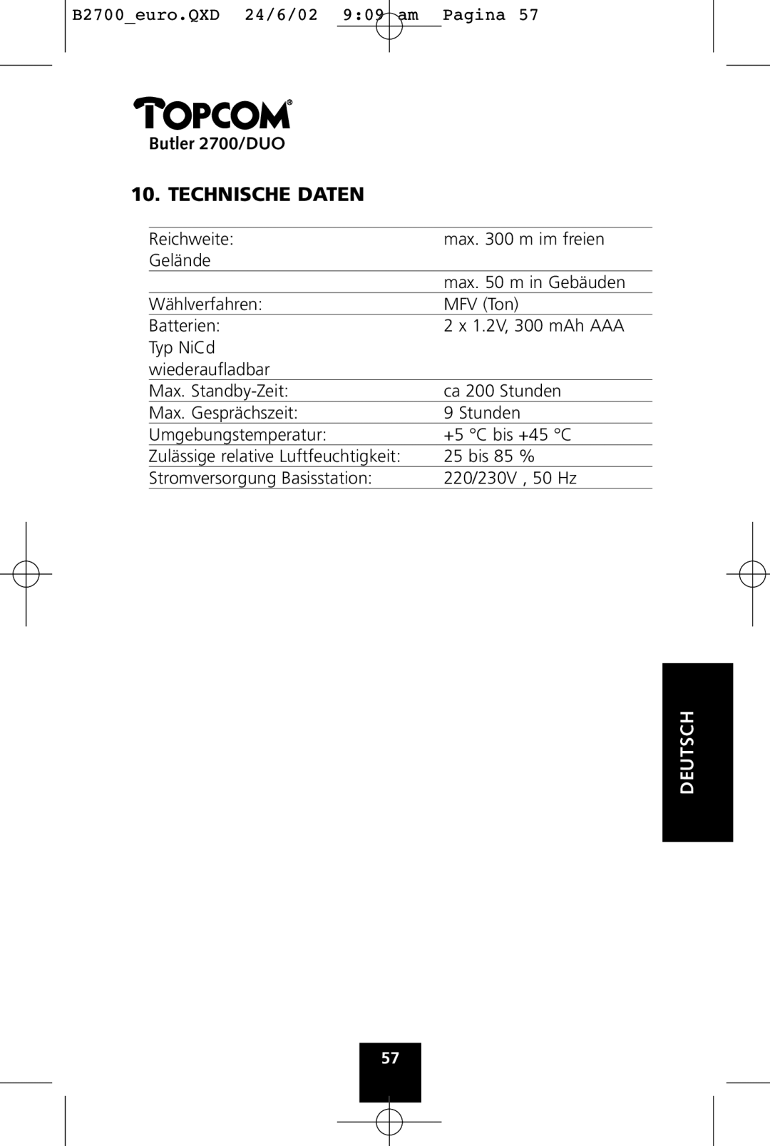 Topcom 2700 DUO manual Technische Daten 