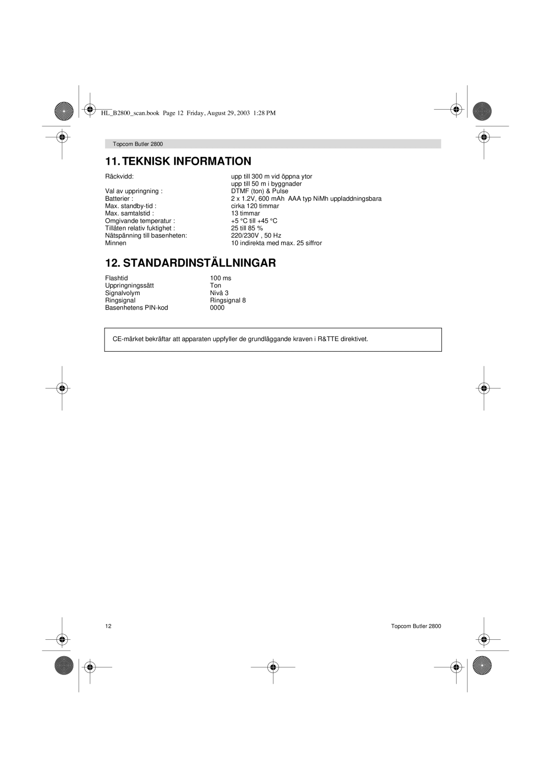 Topcom 2800 user manual Teknisk Information, Standardinställningar 