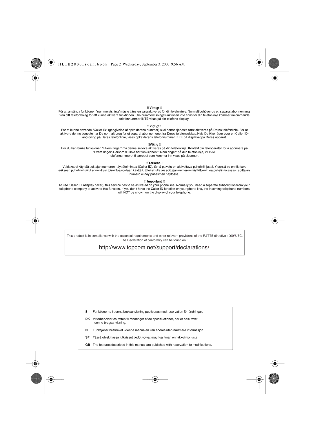 Topcom 2800 user manual Viktigt 