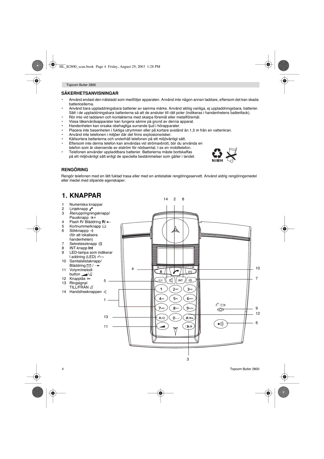 Topcom 2800 user manual Knappar, Säkerhetsanvisningar, Rengöring 