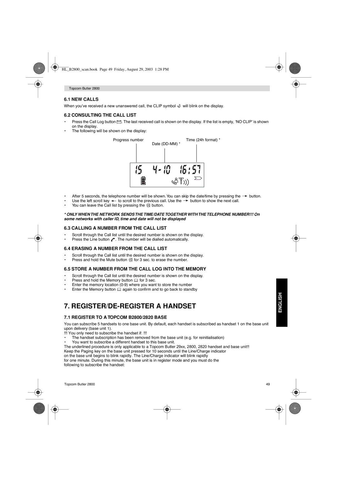 Topcom 2800 user manual REGISTER/DE-REGISTER a Handset 