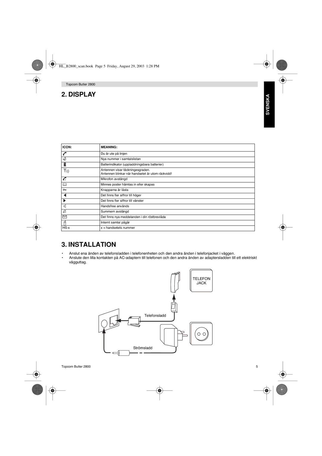 Topcom 2800 user manual Display, Installation 