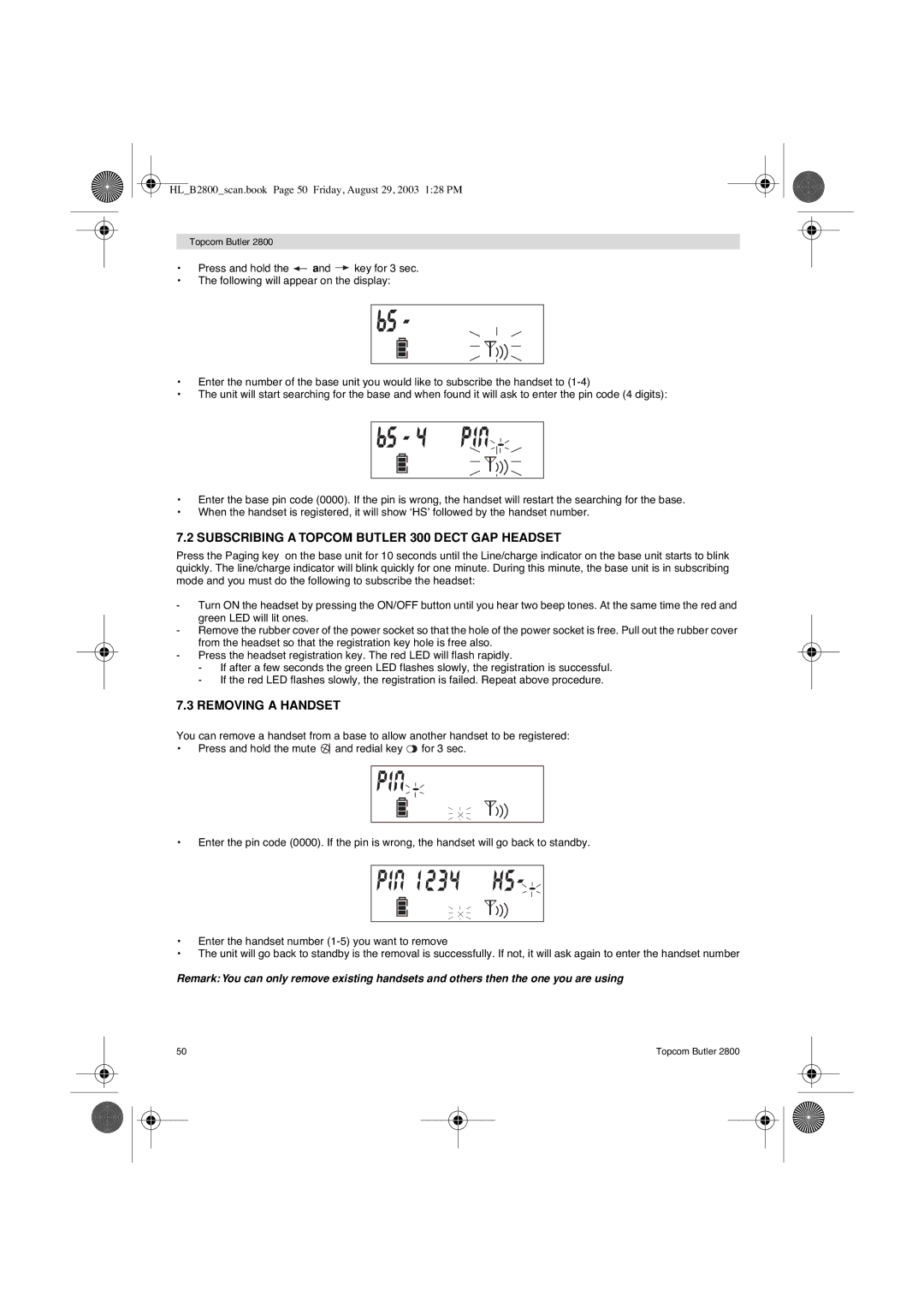 Topcom 2800 user manual Subscribing a Topcom Butler 300 Dect GAP Headset, Removing a Handset 