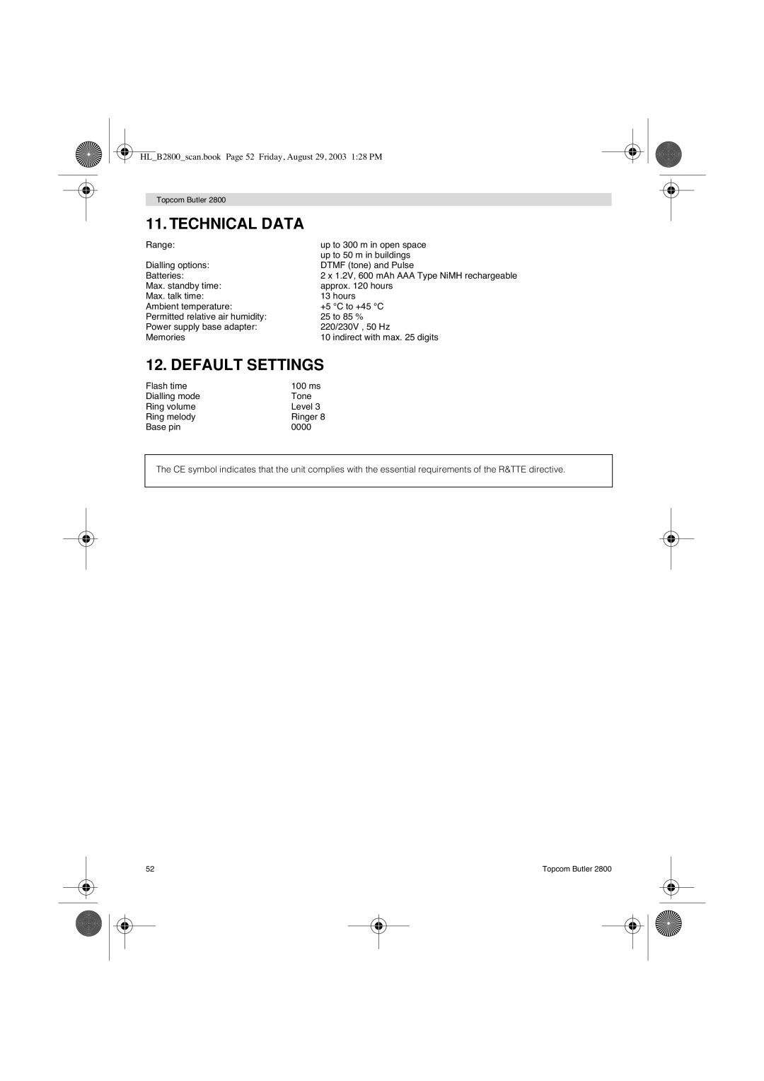 Topcom 2800 user manual Technical Data, Default Settings 