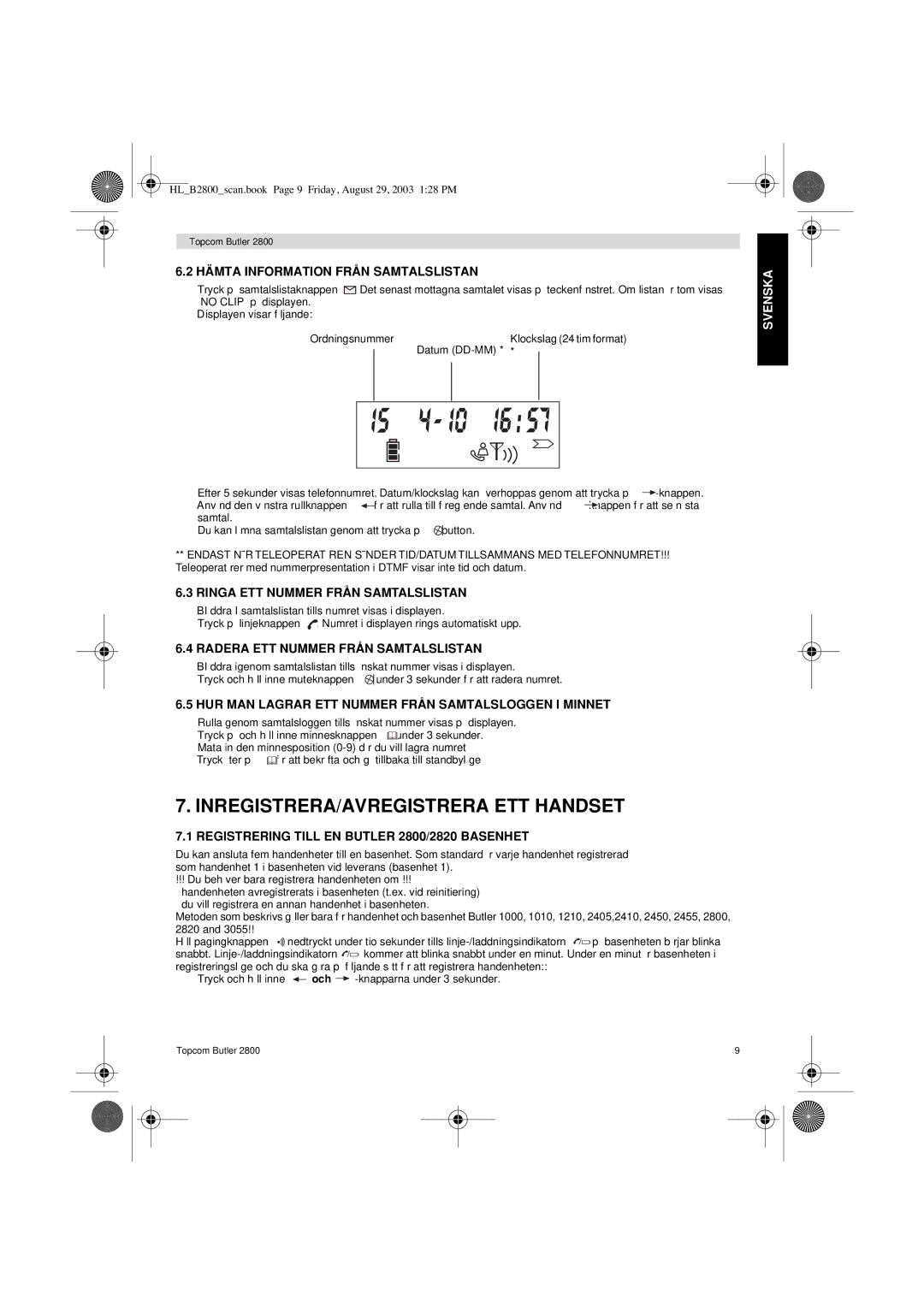 Topcom 2800 user manual INREGISTRERA/AVREGISTRERA ETT Handset 