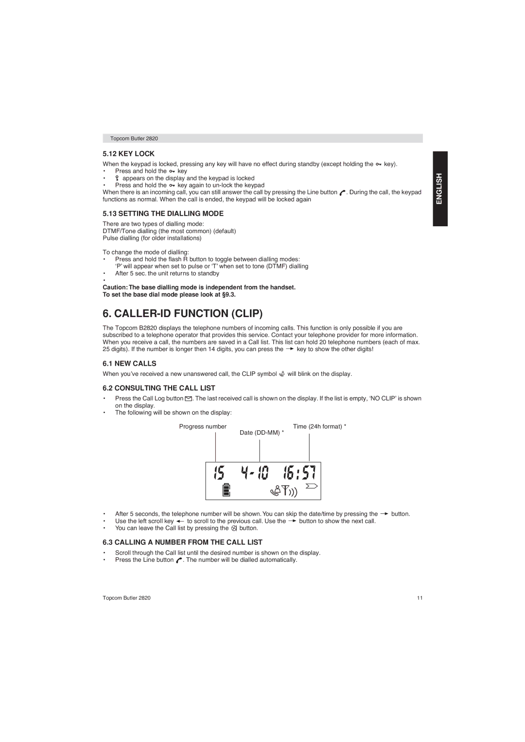 Topcom 2820 user manual CALLER-ID Function Clip 