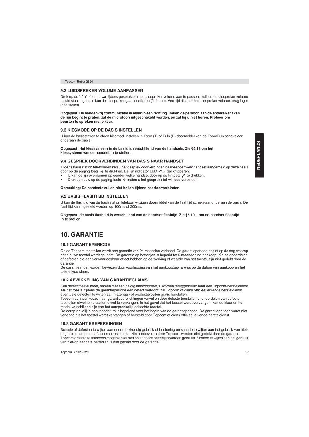 Topcom 2820 user manual Garantie 