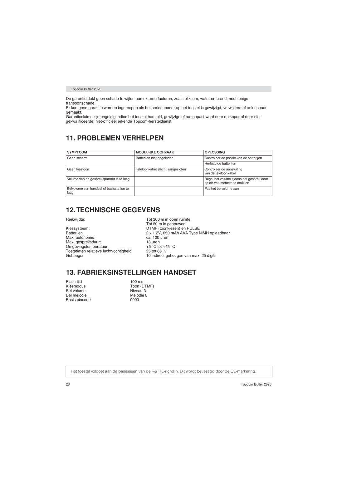 Topcom 2820 user manual Problemen Verhelpen, Technische Gegevens, Fabrieksinstellingen Handset 