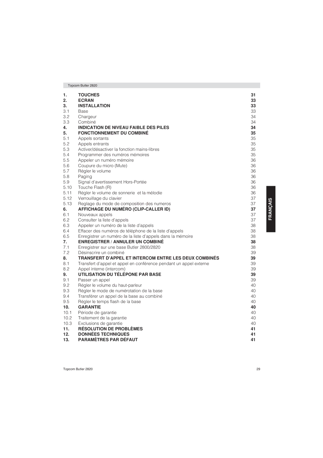 Topcom 2820 user manual Touches Ecran Installation, Affichage DU Numéro CLIP-CALLER ID, Enregistrer / Annuler UN Combiné 