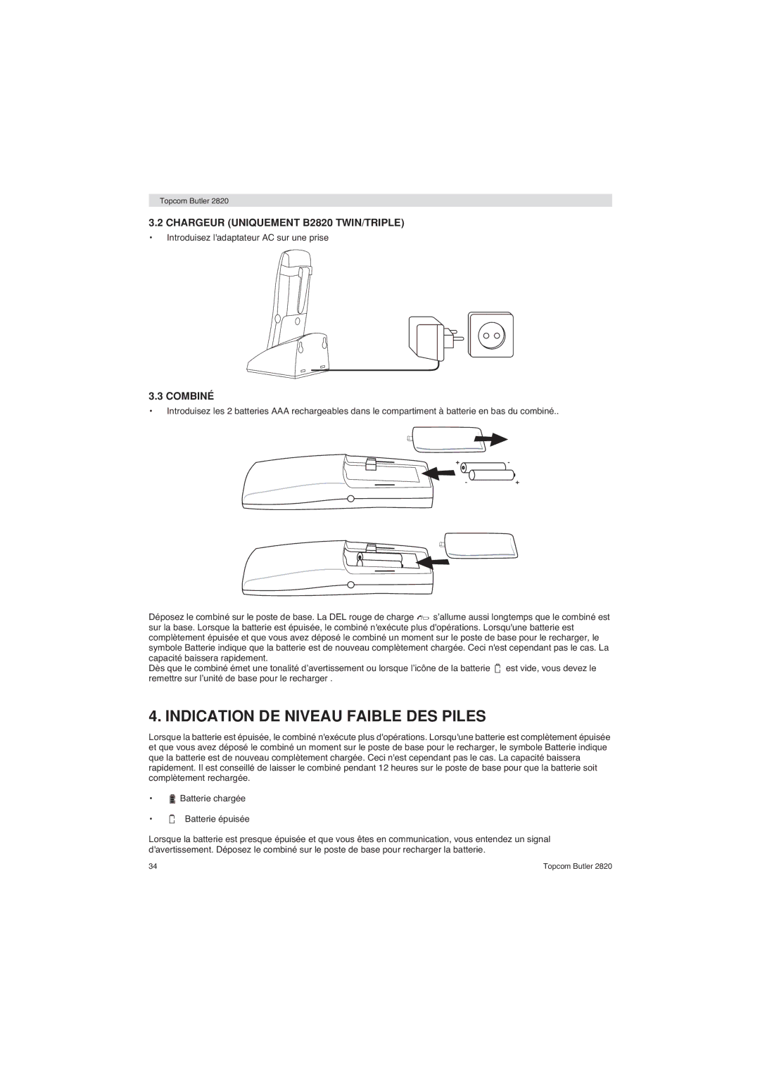 Topcom user manual Indication DE Niveau Faible DES Piles, Chargeur Uniquement B2820 TWIN/TRIPLE, Combiné 