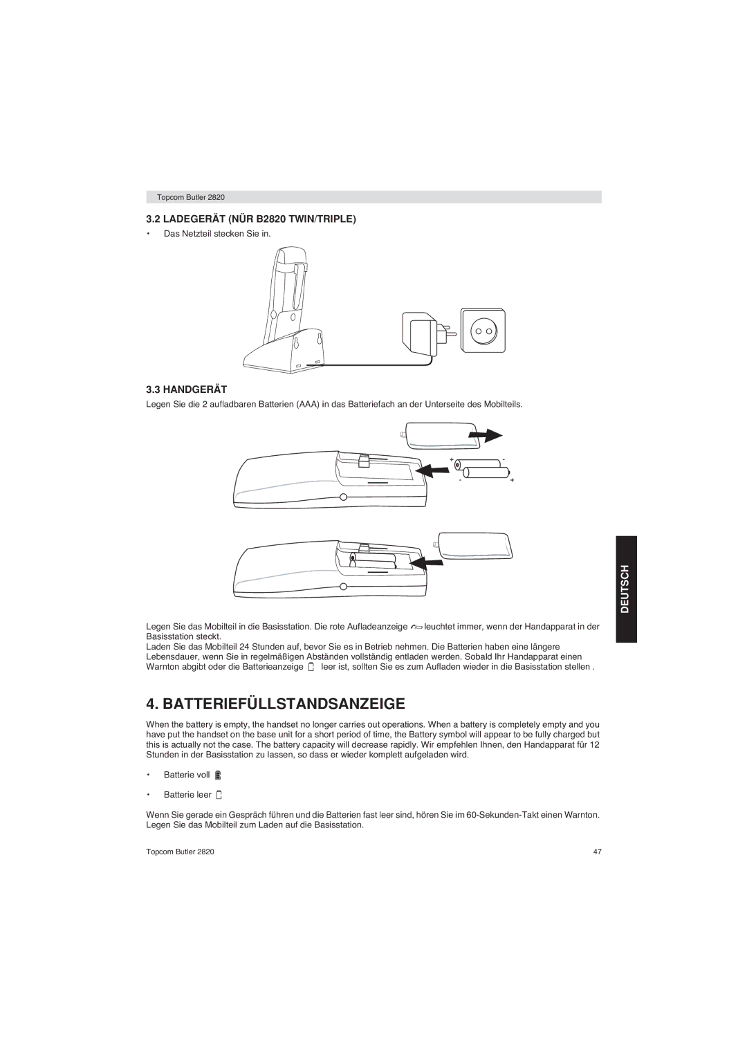 Topcom user manual Batteriefüllstandsanzeige, Ladegerät NÜR B2820 TWIN/TRIPLE, Handgerät 