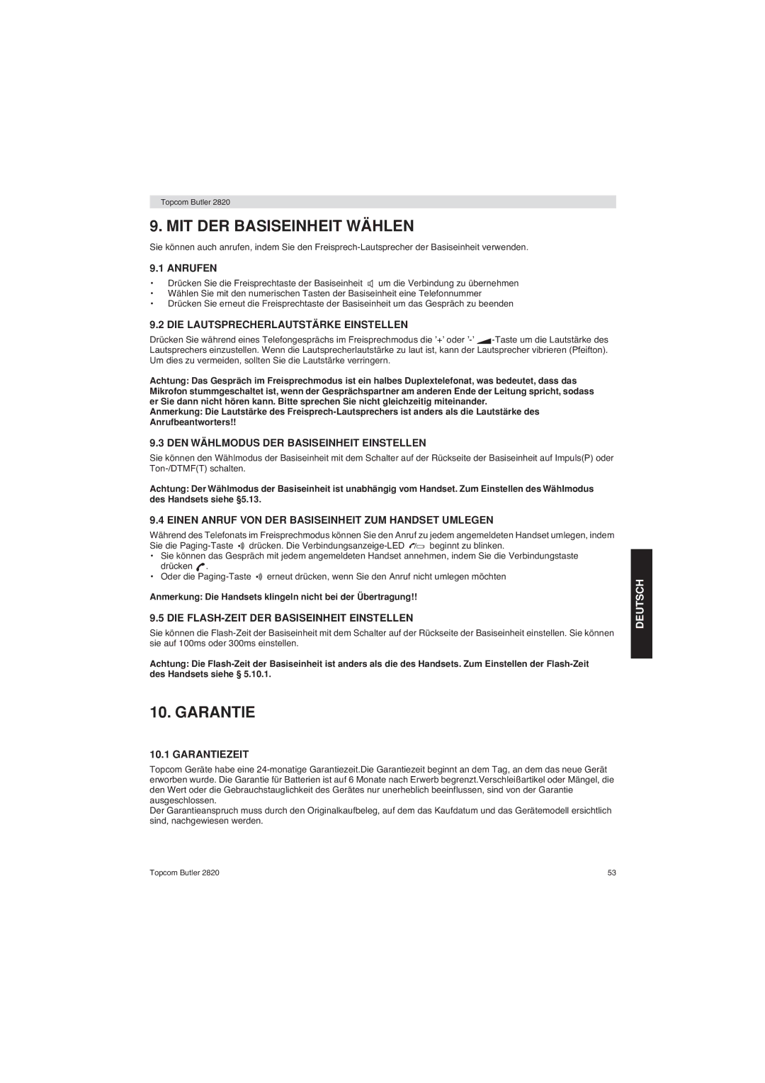 Topcom 2820 user manual MIT DER Basiseinheit Wählen 