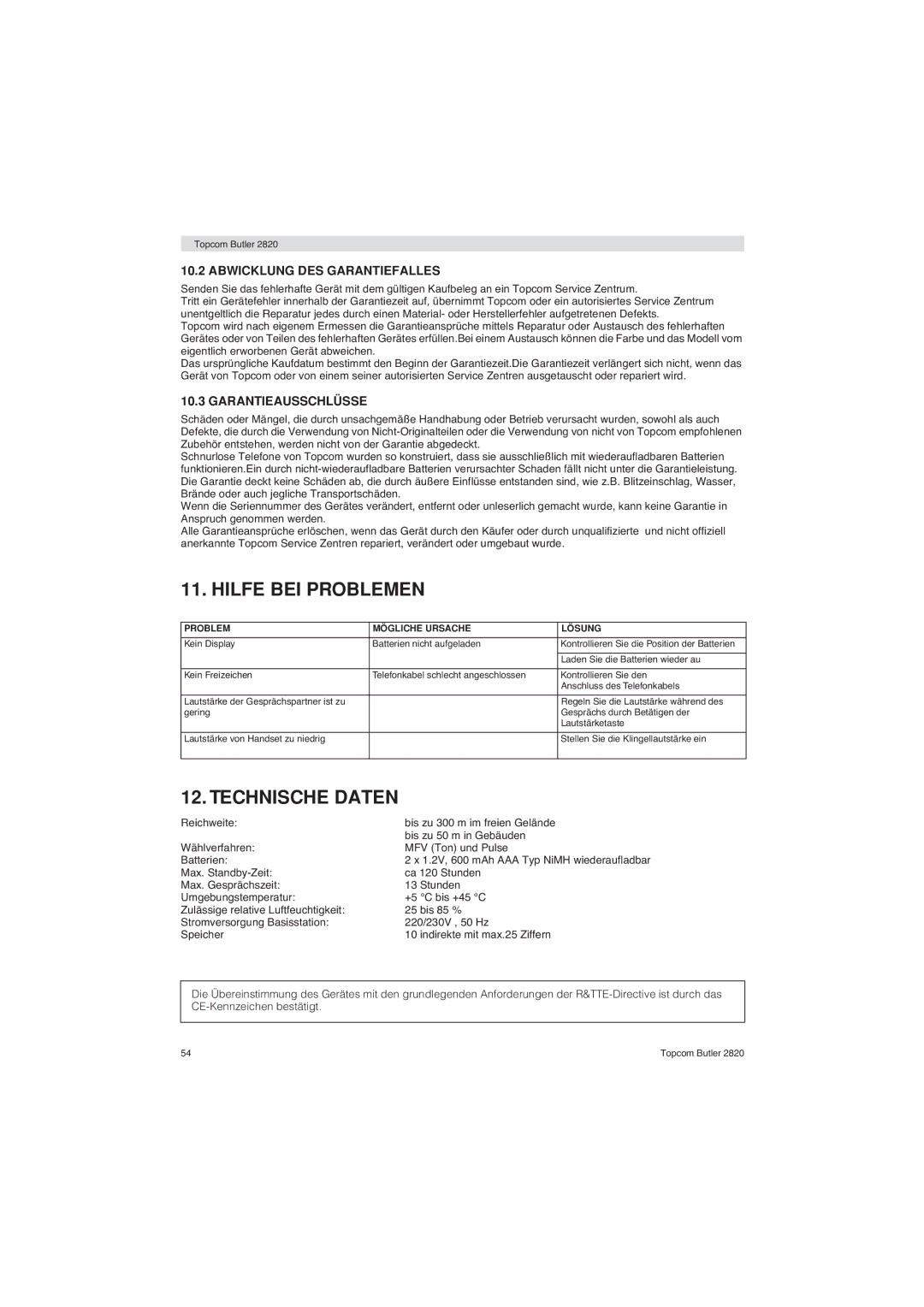 Topcom 2820 user manual Hilfe BEI Problemen, Technische Daten, Abwicklung DES Garantiefalles, Garantieausschlüsse 