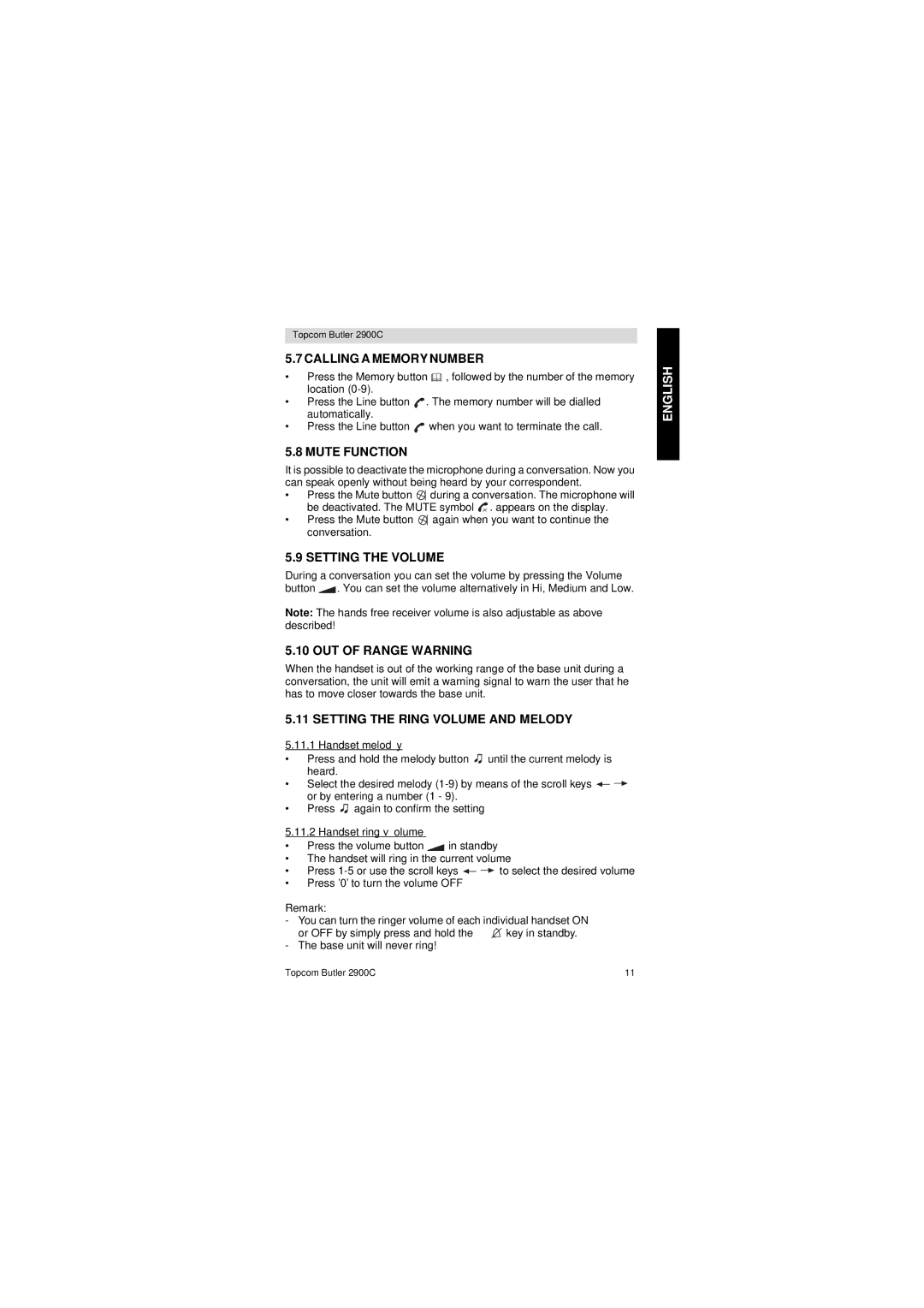 Topcom 2900 C user manual Calling a Memory Number, Mute Function, Setting the Volume, OUT of Range Warning 