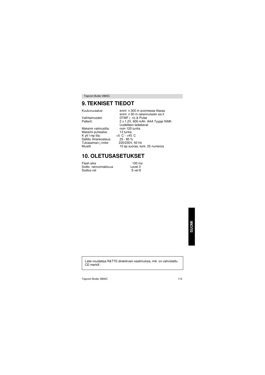 Topcom 2900 C user manual Tekniset Tiedot, Oletusasetukset 