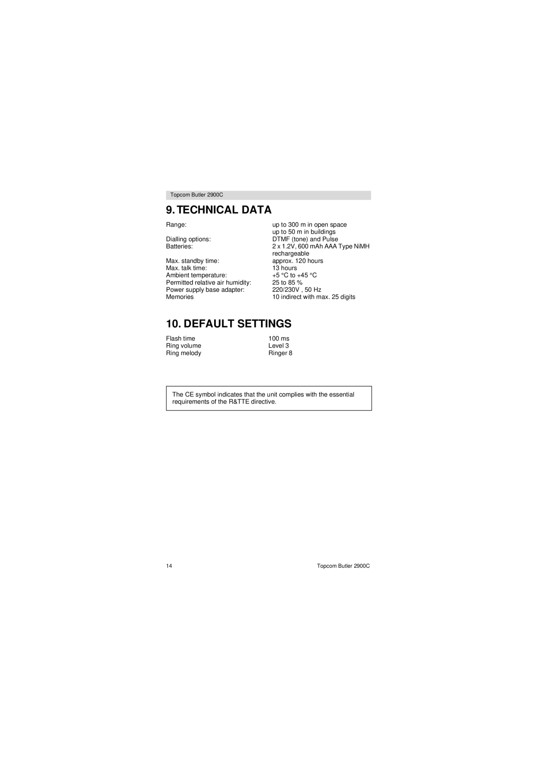 Topcom 2900 C user manual Technical Data, Default Settings 