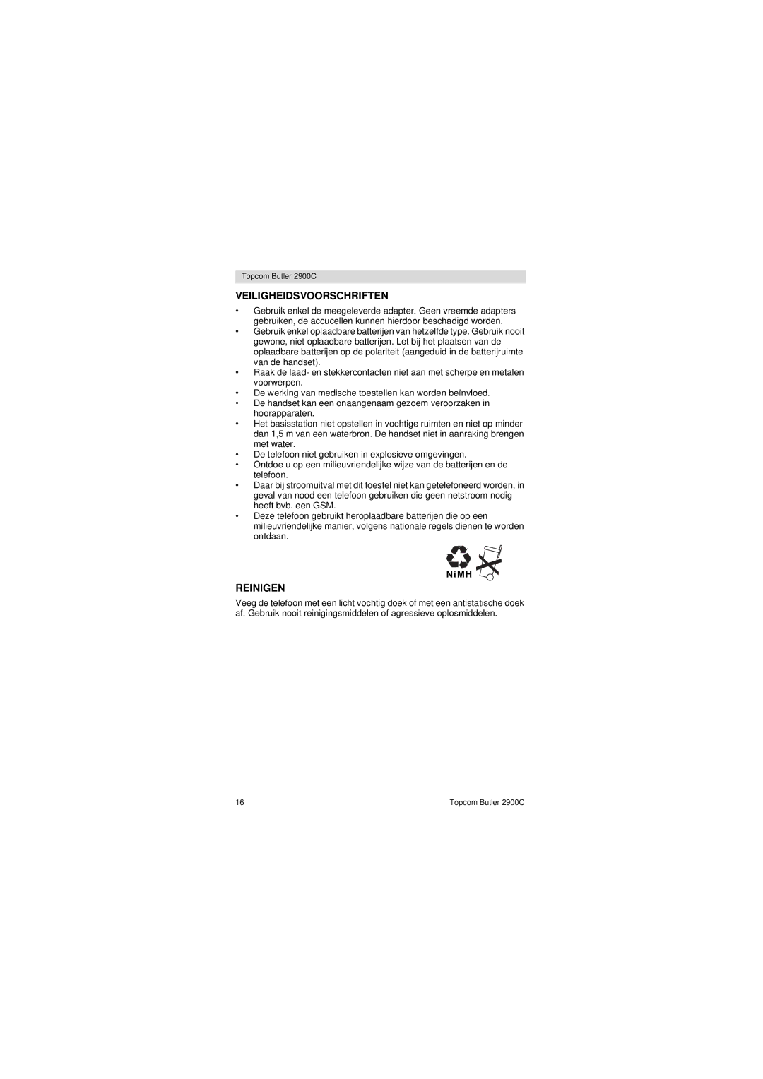 Topcom 2900 C user manual Veiligheidsvoorschriften, Reinigen 