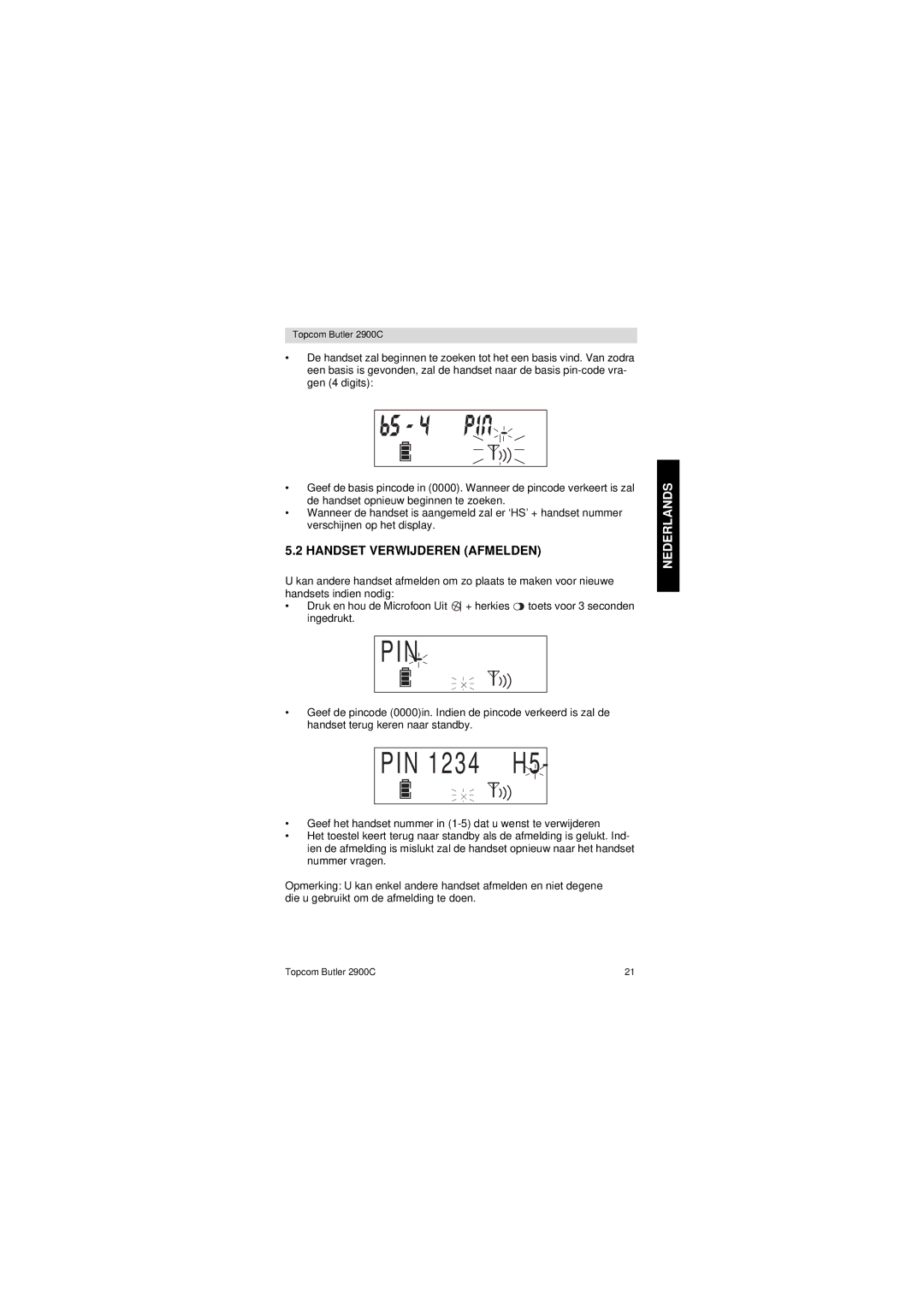 Topcom 2900 C user manual Handset Verwijderen Afmelden 