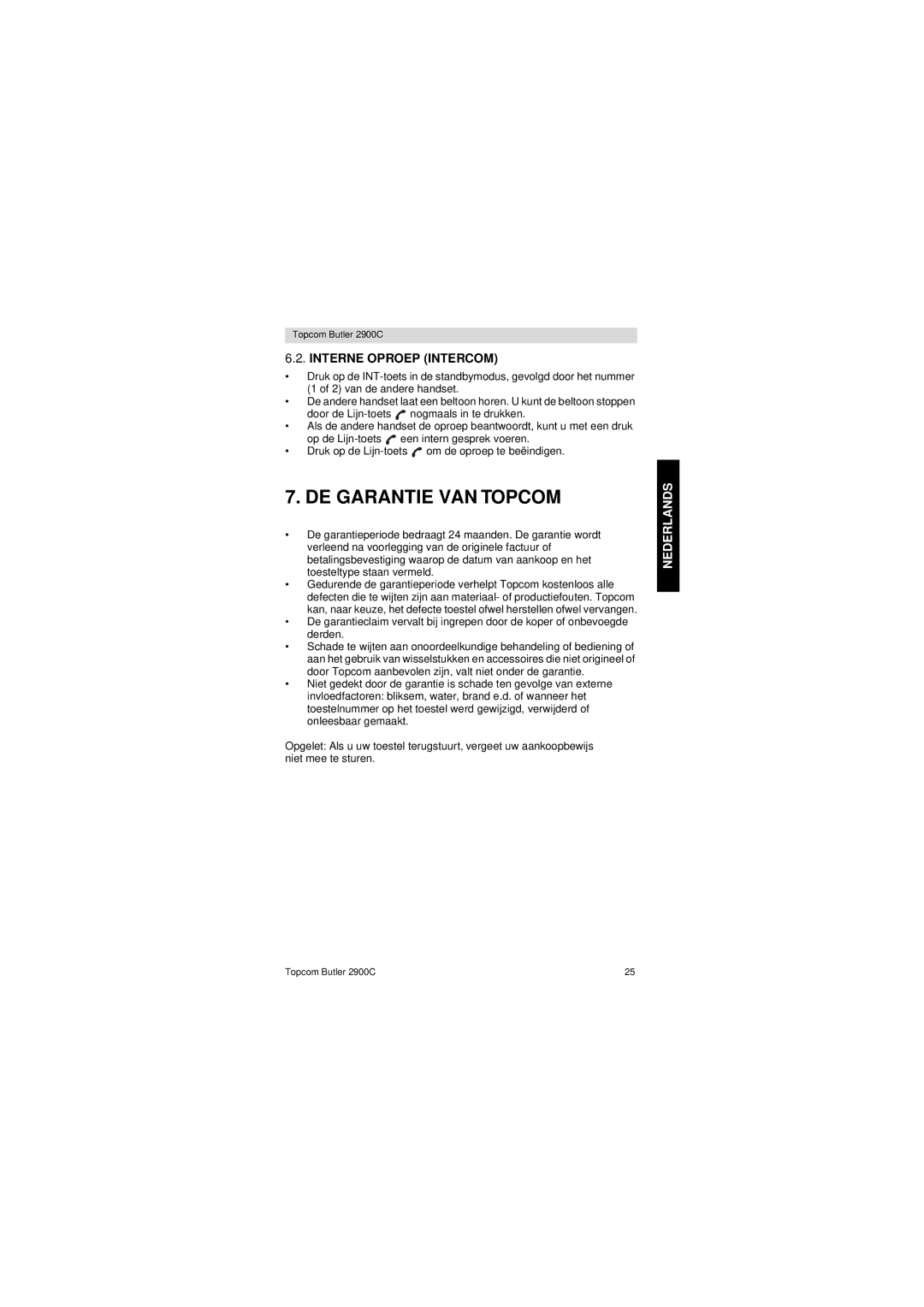 Topcom 2900 C user manual DE Garantie VAN Topcom, Interne Oproep Intercom 