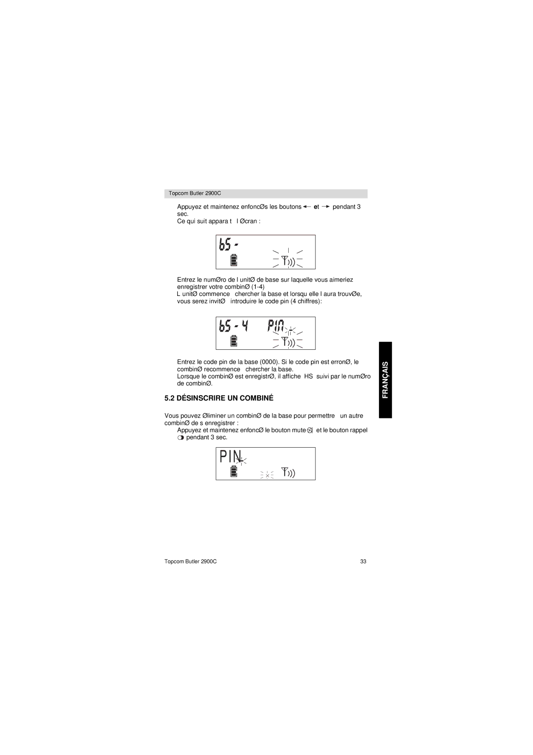 Topcom 2900 C user manual Désinscrire UN Combiné 