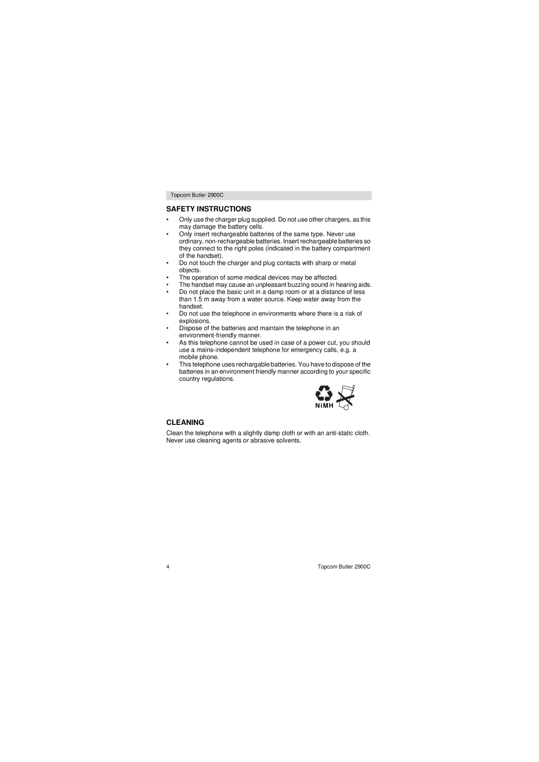 Topcom 2900 C user manual Safety Instructions, Cleaning 