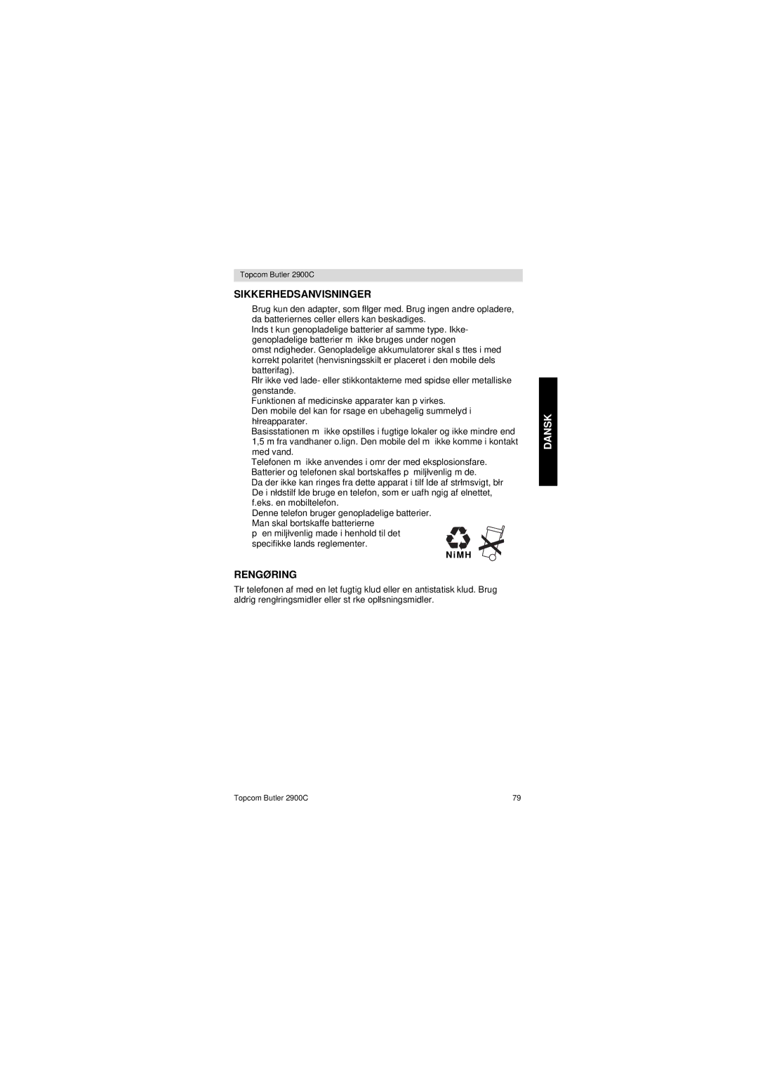 Topcom 2900 C user manual Sikkerhedsanvisninger, Rengøring 