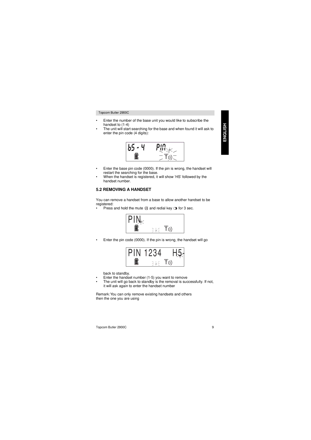 Topcom 2900 C user manual PIN 1234 H5, Removing a Handset 