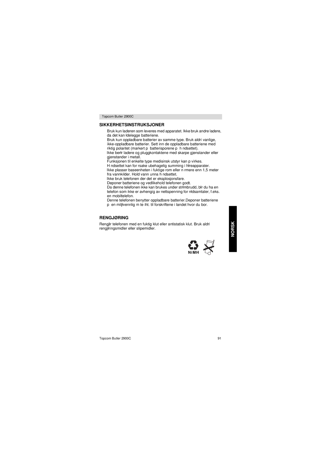 Topcom 2900 C user manual Sikkerhetsinstruksjoner, Rengjøring 