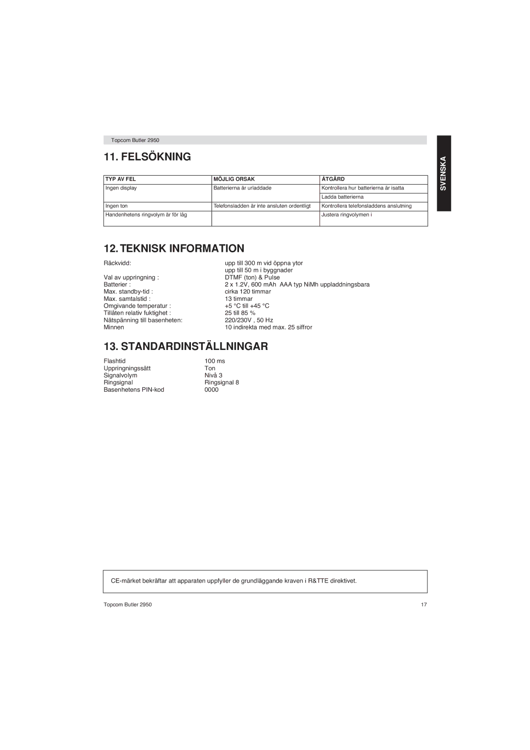 Topcom 2950 user manual Felsökning, Teknisk Information, Standardinställningar 