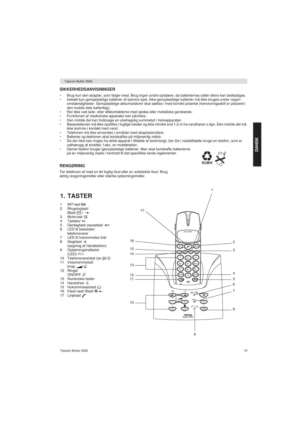 Topcom 2950 user manual Taster, Sikkerhedsanvisninger, Rengøring 