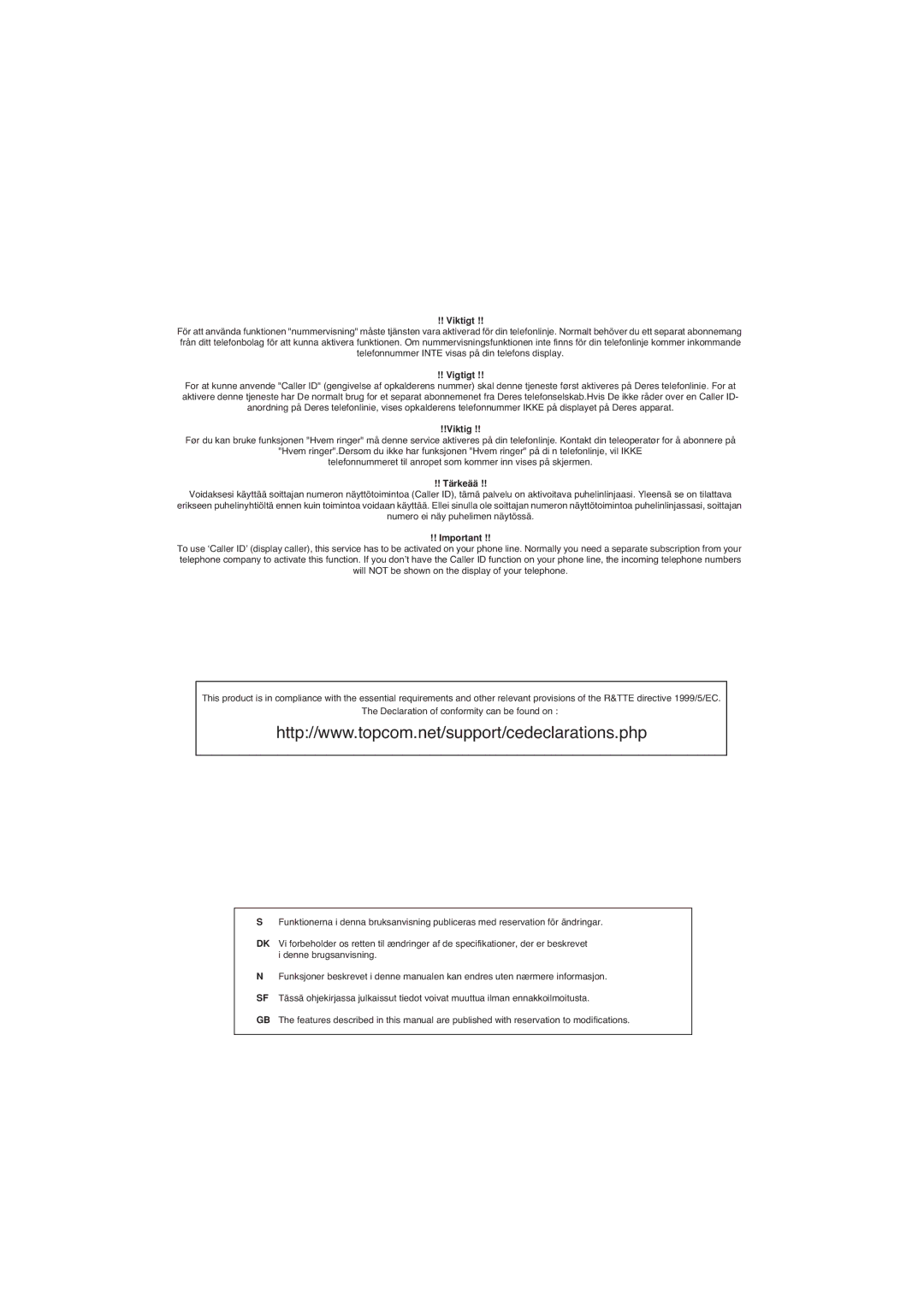 Topcom 2950 user manual Viktigt 