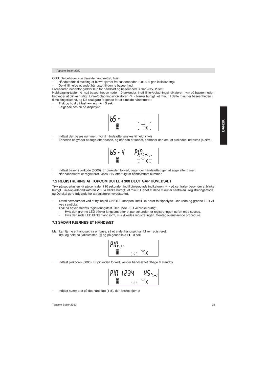 Topcom 2950 user manual Registrering AF Topcom Butler 300 Dect GAP Hovedsæt, Sådan Fjernes ET Håndsæt 