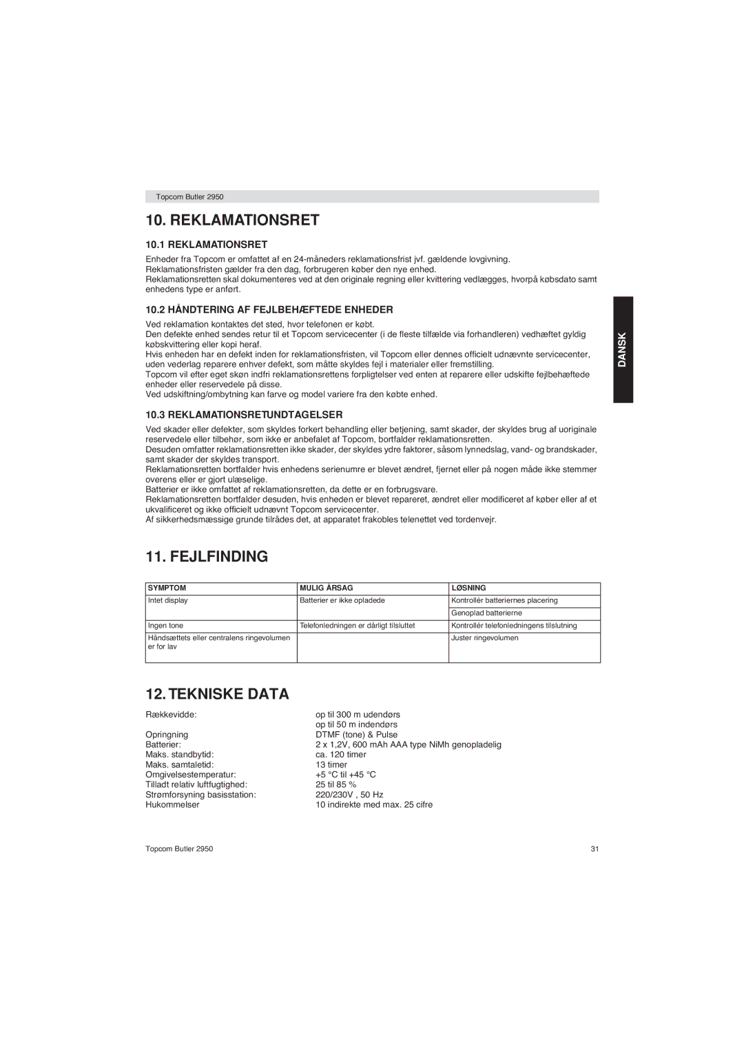 Topcom 2950 user manual Reklamationsret, Fejlfinding, Tekniske Data 