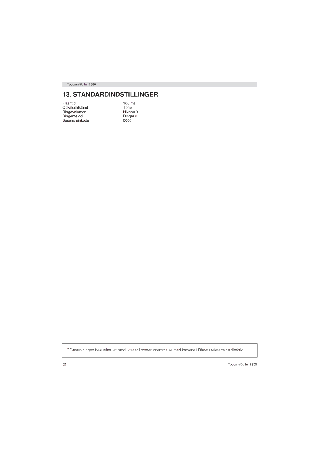 Topcom 2950 user manual Standardindstillinger 